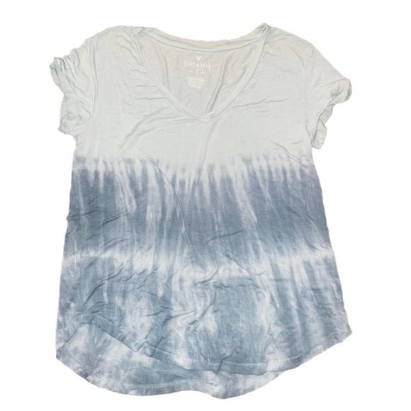 AE Soft and Sexy Oversized Flowy Blue Tie Dye Short Sleeve V Neck Low Cut Shirt - Picture 2 of 9